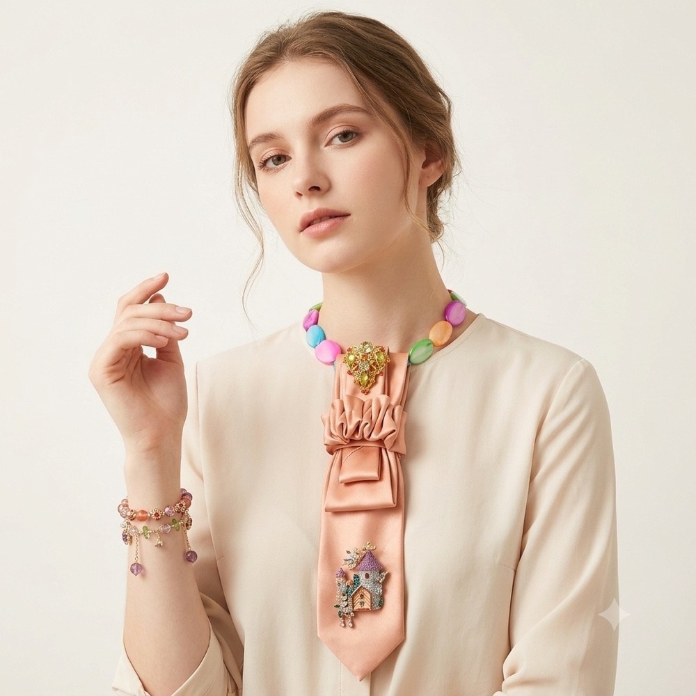 Cardi Collection Peach Satin Tie Necklace Fairy Castle Brooch Bracelet Set 2pcs